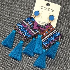 Geometric Print Wood Square Triple Tassel Earrings